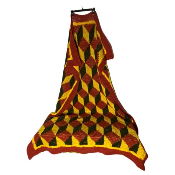 Vintage Handmade Red Yellow Green Geometric Pattern Crochet Afghan Blanket - Picture 4 of 12